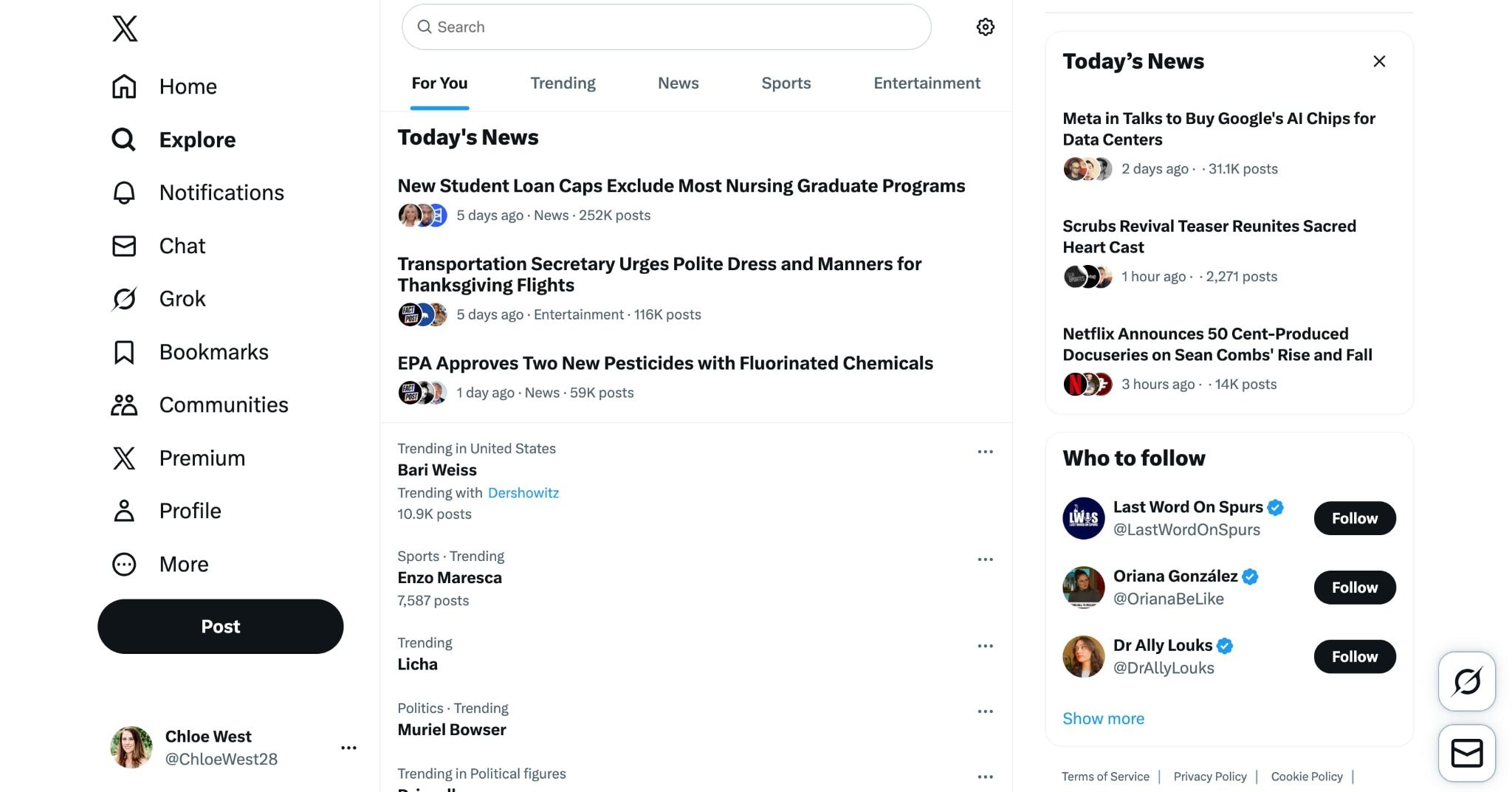 A screenshot of X/Twitter's Explore feed.