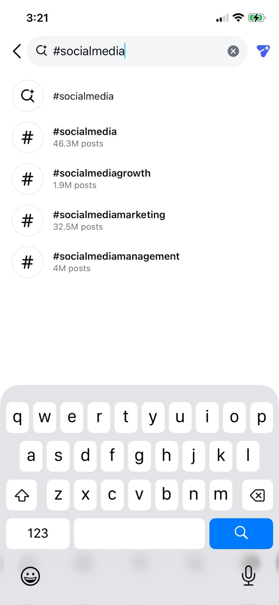 A screenshot of Instagram's hashtag search results for the hashtag #socialmedia.