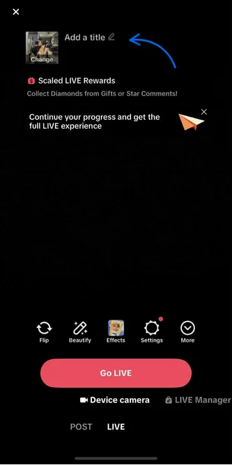 A screenshot of a TikTok live before you start recording, where you can add a title and adjust other settings.