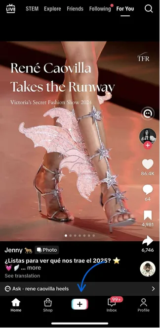 The TikTok app interface with an arrow pointing to the + Create button.
