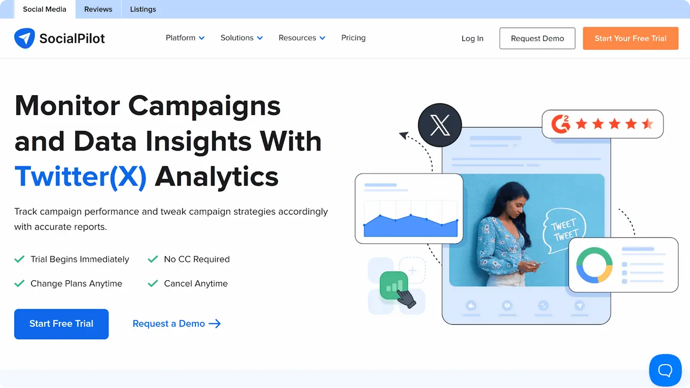 A screenshot of X/Twitter analytics tool SocialPilot's website.