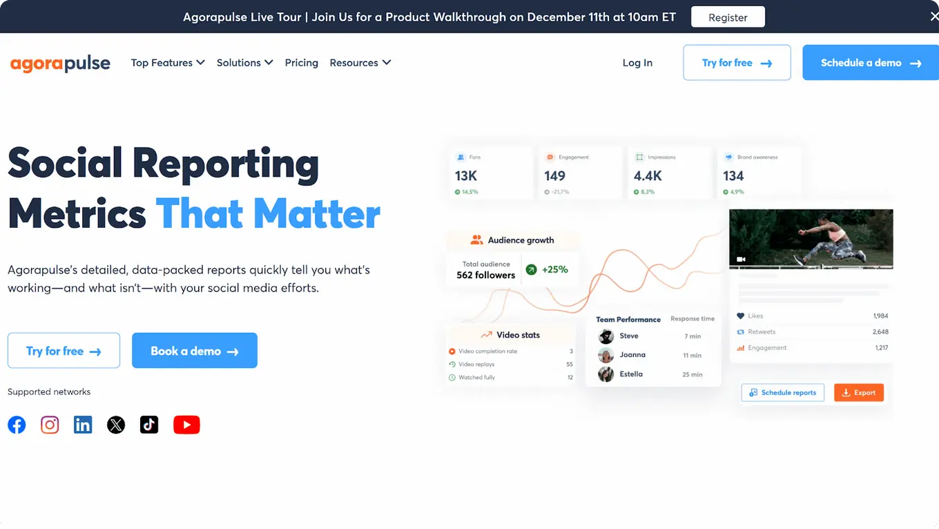 A screenshot of X/Twitter analytics tool Agorapulse's website.