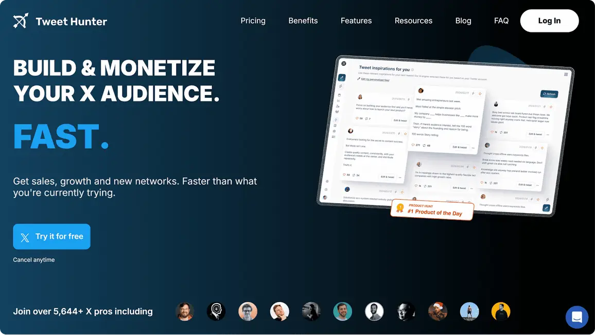 A screenshot of X/Twitter analytics tool Tweet Hunter's website.