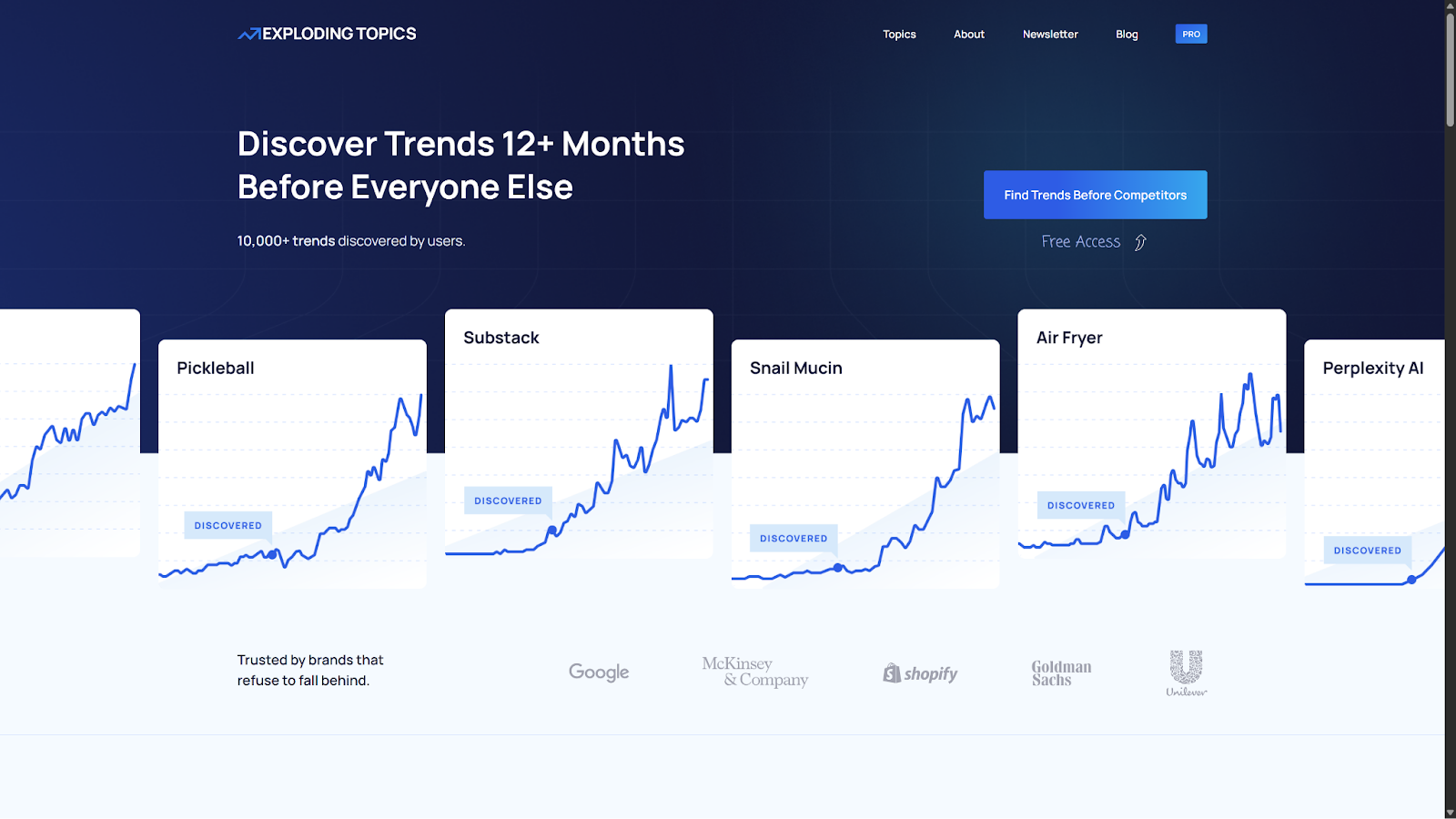 A screenshot of the Exploding Topics website.