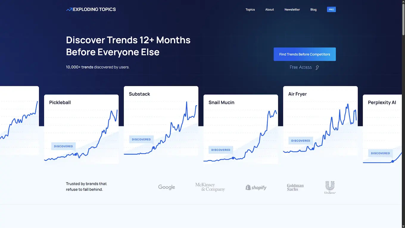 A screenshot of the Exploding Topics website.
