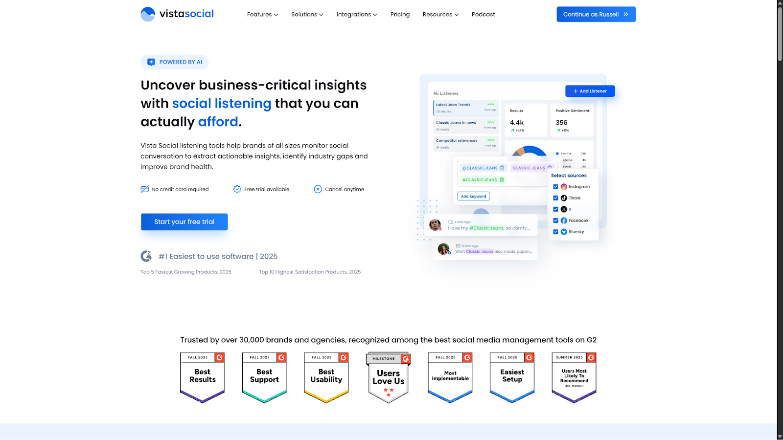 A screenshot of Vista Social's social listening feature page.
