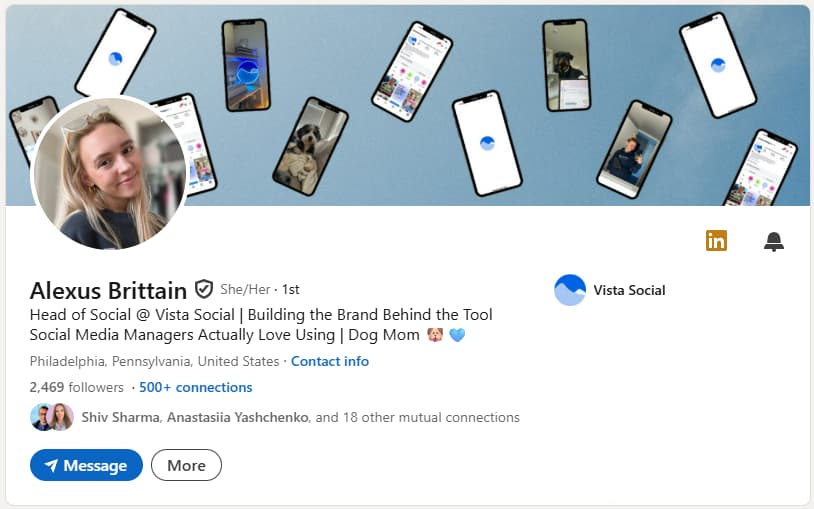 A screenshot of Vista Social's SMM Alexus Brittain's LinkedIn headline.