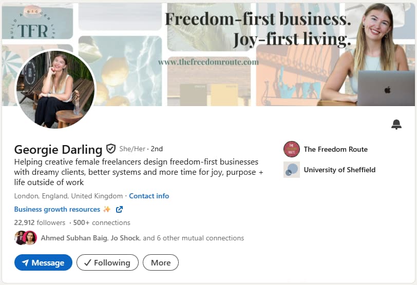 A screenshot of Georgie Darling's LinkedIn headline.
