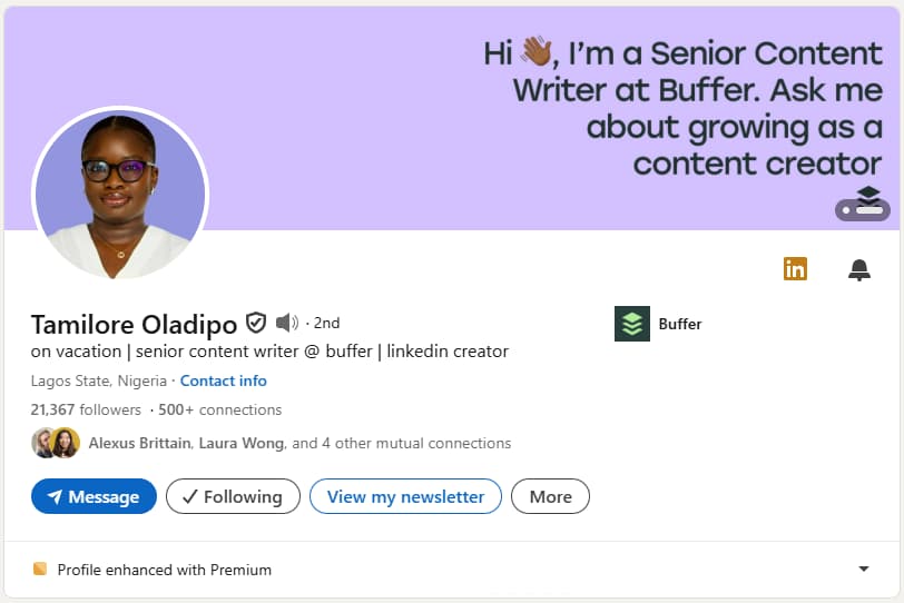 A screenshot of Tamilore Oladipo's LinkedIn headline.
