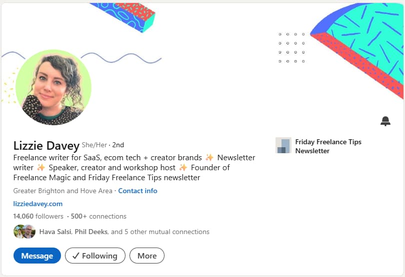 A screenshot of Lizzie Davey's LinkedIn headline.