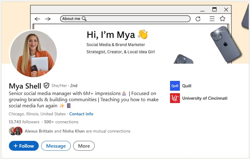 A screenshot of Mya Shell's LinkedIn headline.