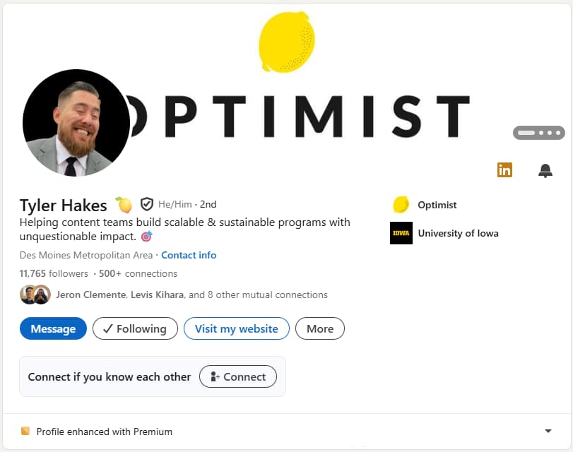 A screenshot of Tyler Hakes's LinkedIn headline.