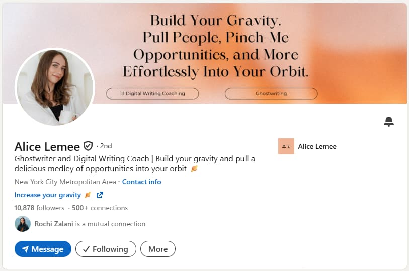 A screenshot of Alice Lemee's LinkedIn headline.