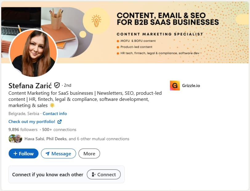 A screenshot of Stefana Zaric's LinkedIn headline.
