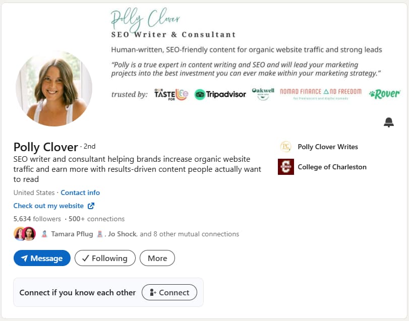 A screenshot of Polly Clover's LinkedIn headline.