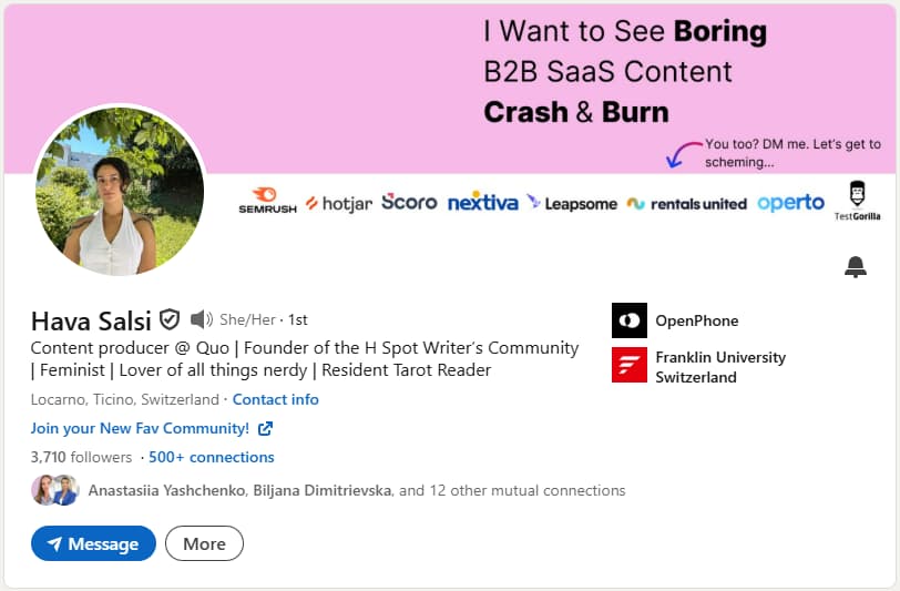 A screenshot of Hava Salsi's LinkedIn headline.