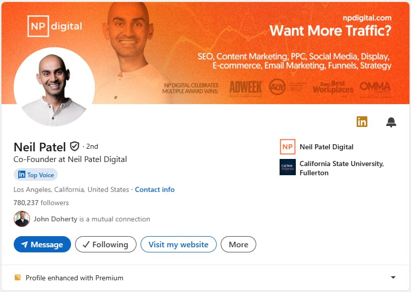 A screenshot of Neil Patel's LinkedIn headline.