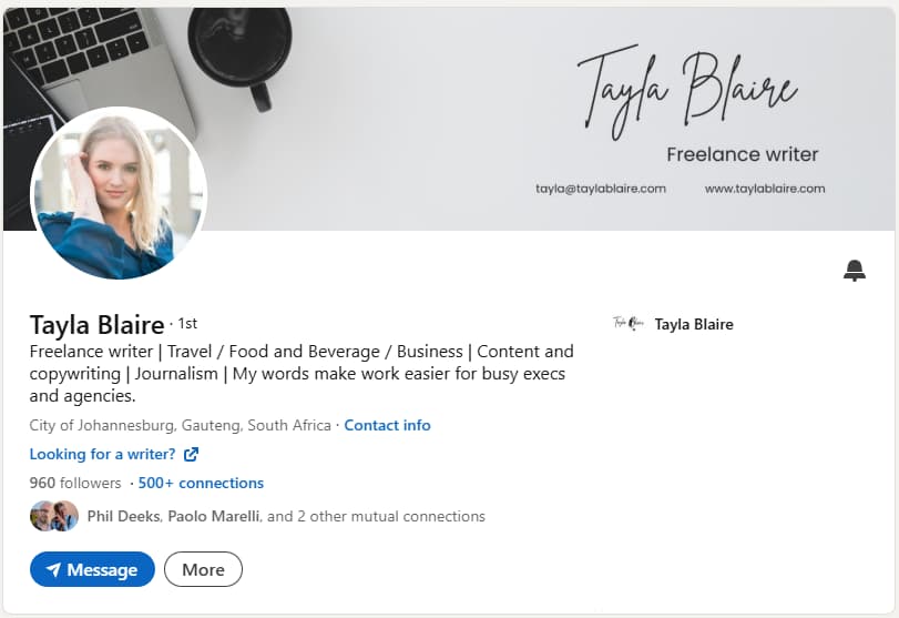 A screenshot of Tayla Blaire's LinkedIn headline.