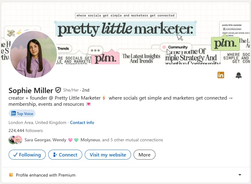 A screenshot of Sophie Miller's LinkedIn headline.