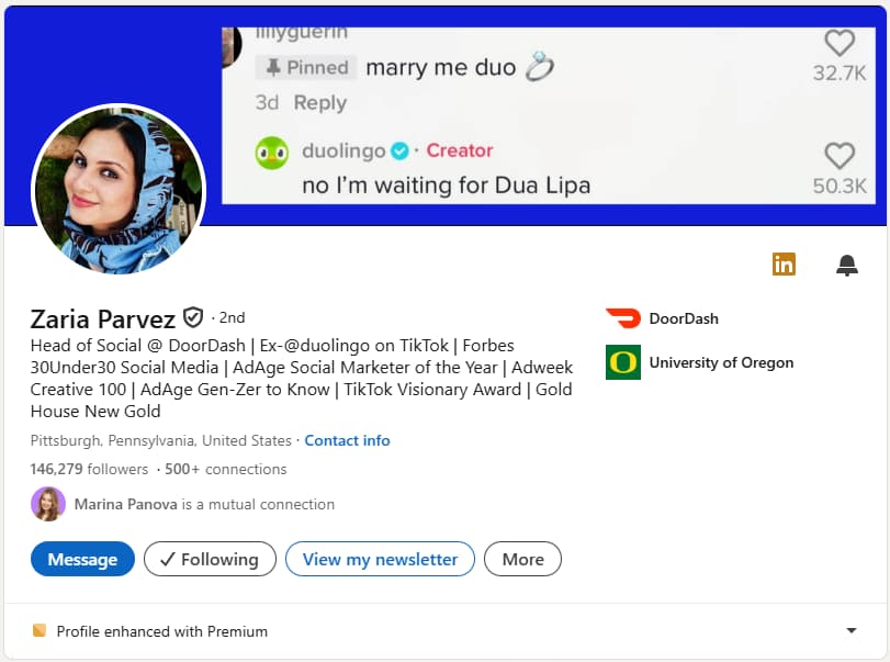 Zaria Parvez's LinkedIn headline and profile.