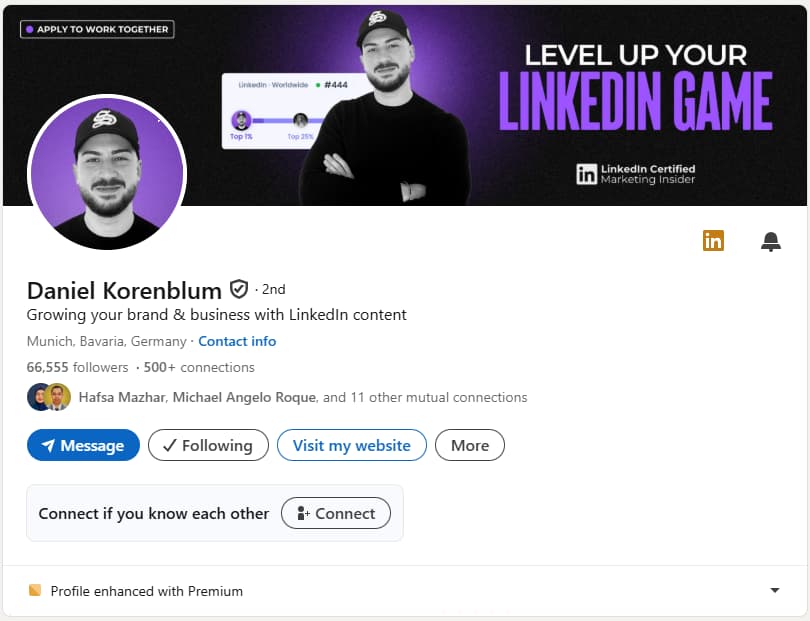 Daniel Korenblum's LinkedIn headline and profile.