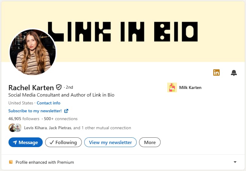 A screenshot of Rachel Karten's LinkedIn headline.