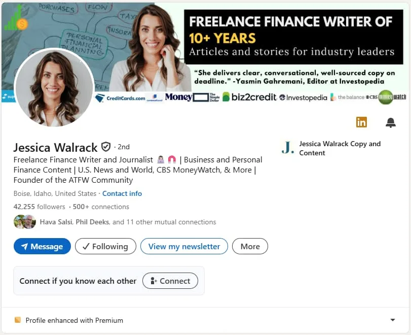 A screenshot of Jessica Walrack's LinkedIn headline.