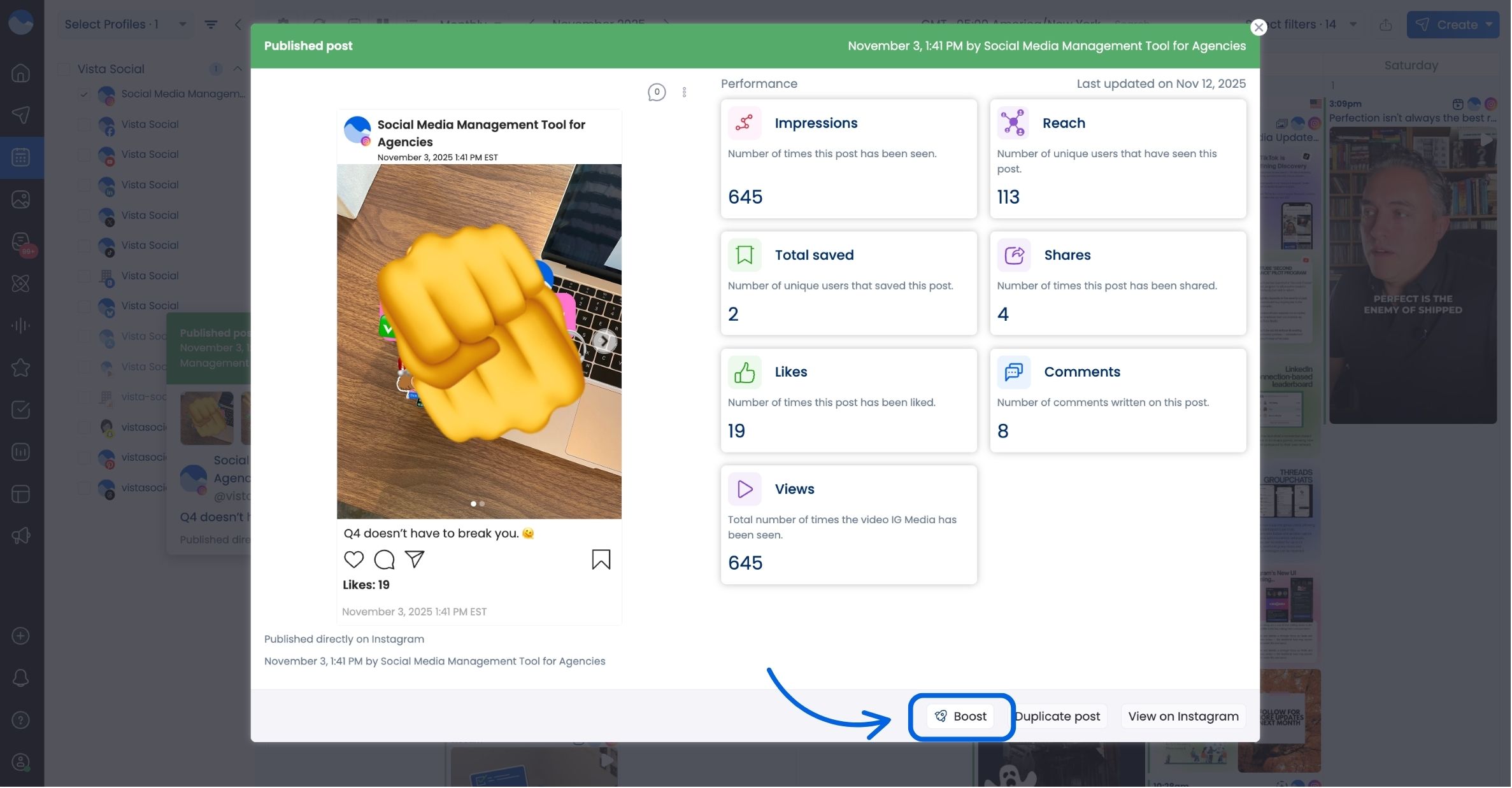 A screenshot showcasing how to boost posts inside Vista Social.
