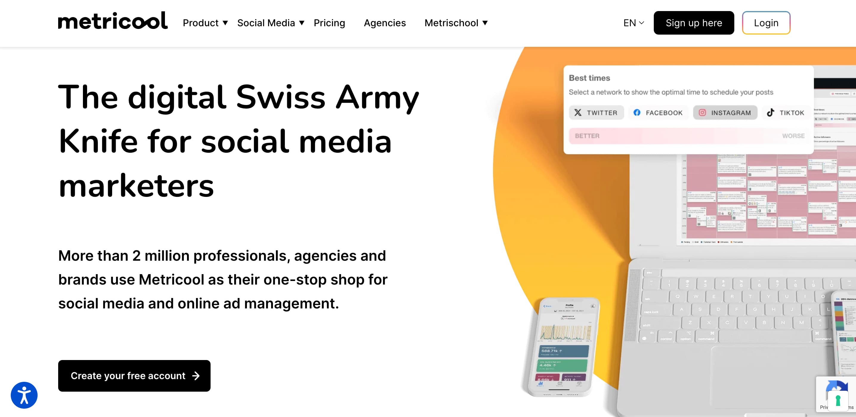 A screenshot of the Metricool website.