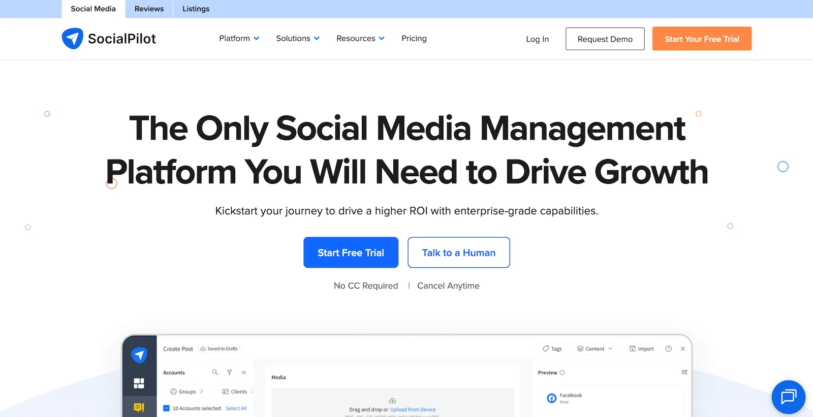 A screenshot of the SocialPilot website.