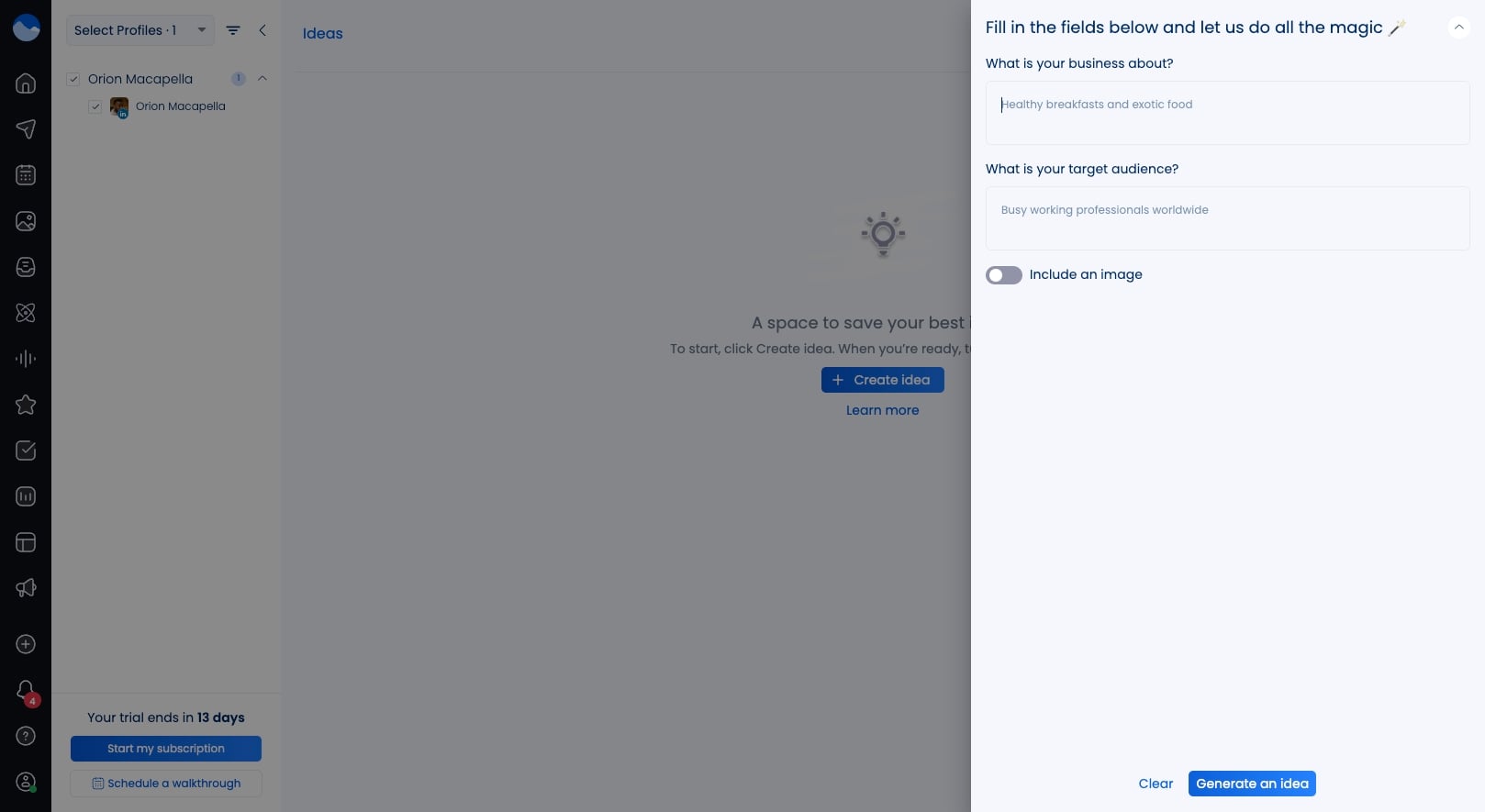 A screenshot showcasing Vista Social's AI Assistant in our Ideas dashboard.