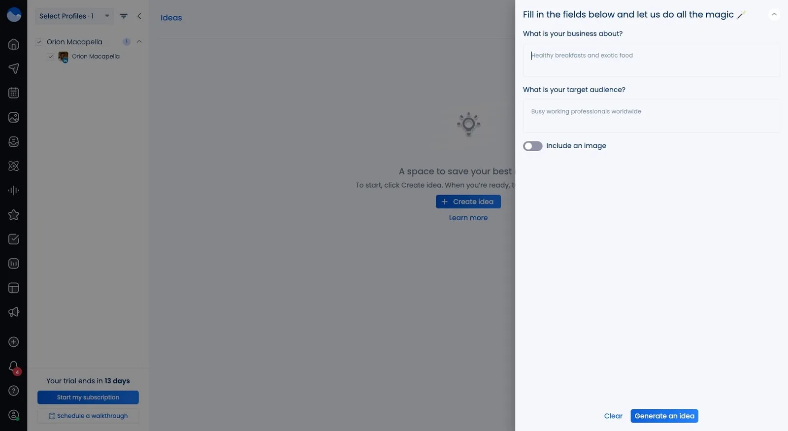 A screenshot showcasing Vista Social's AI Assistant in our Ideas dashboard.