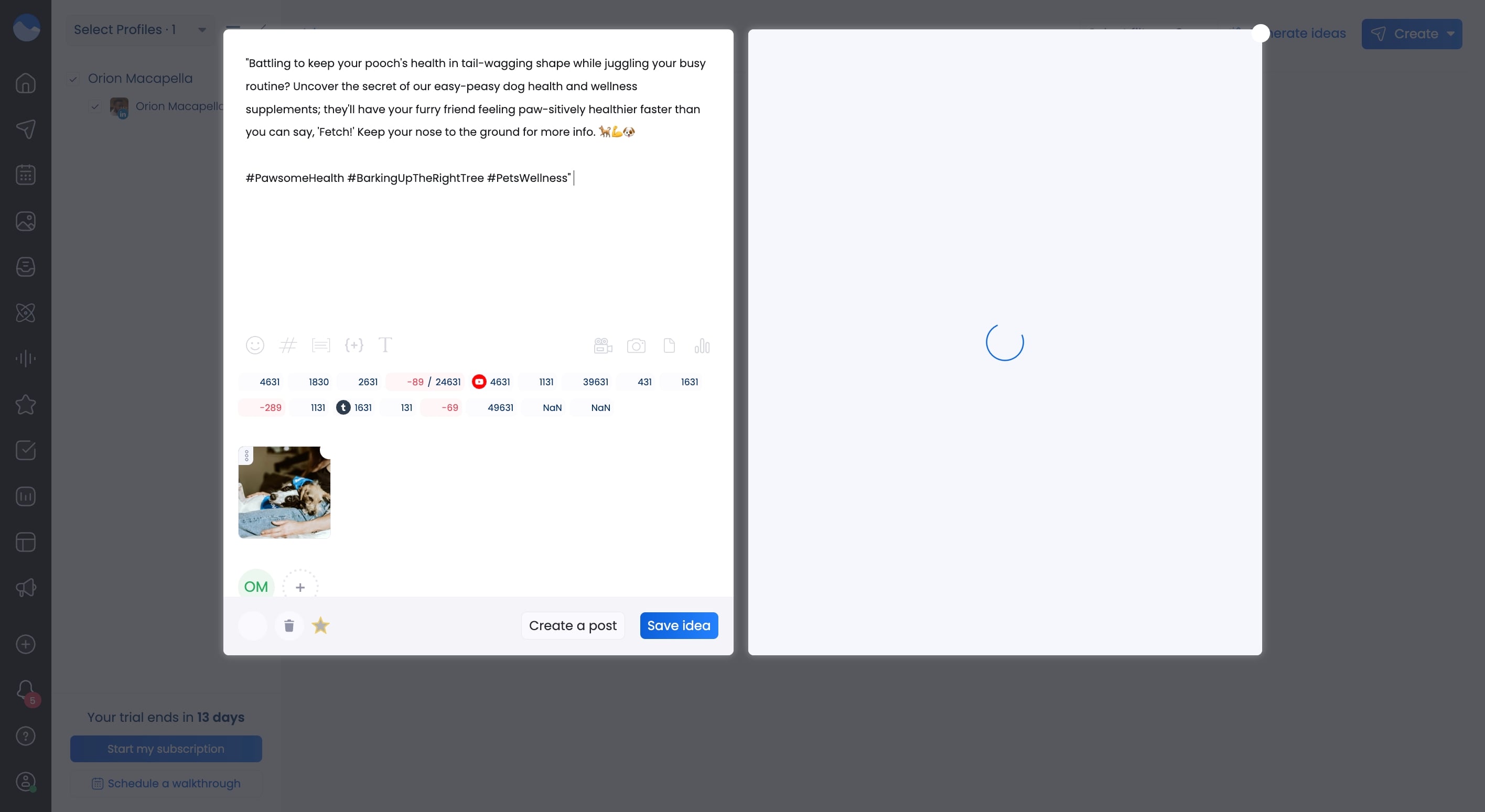 A screenshot showcasing how to open an idea and turn it into a post in Vista Social.