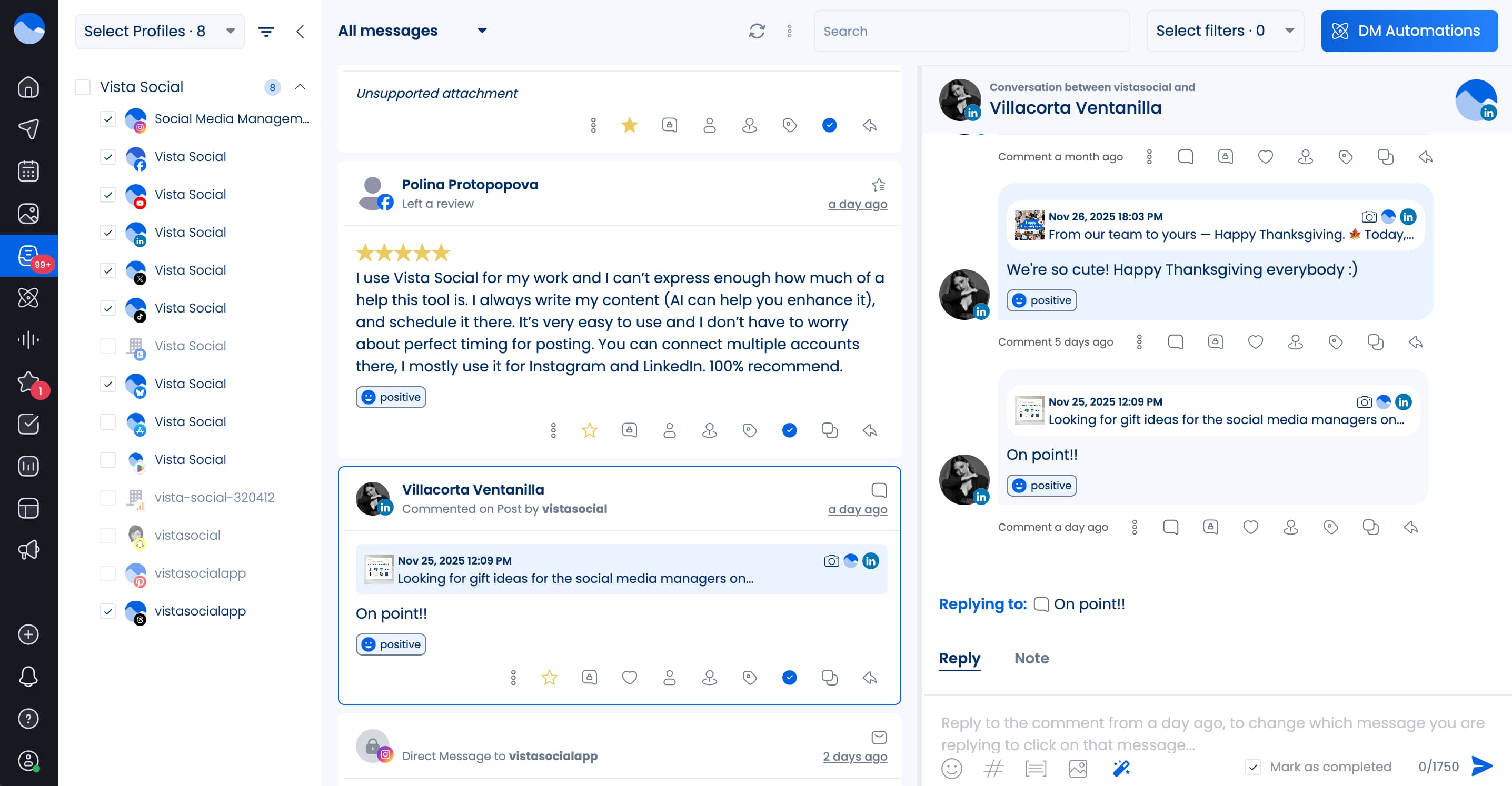 A screenshot of the Vista Social inbox with the AI Assistant icon showing in the response area.