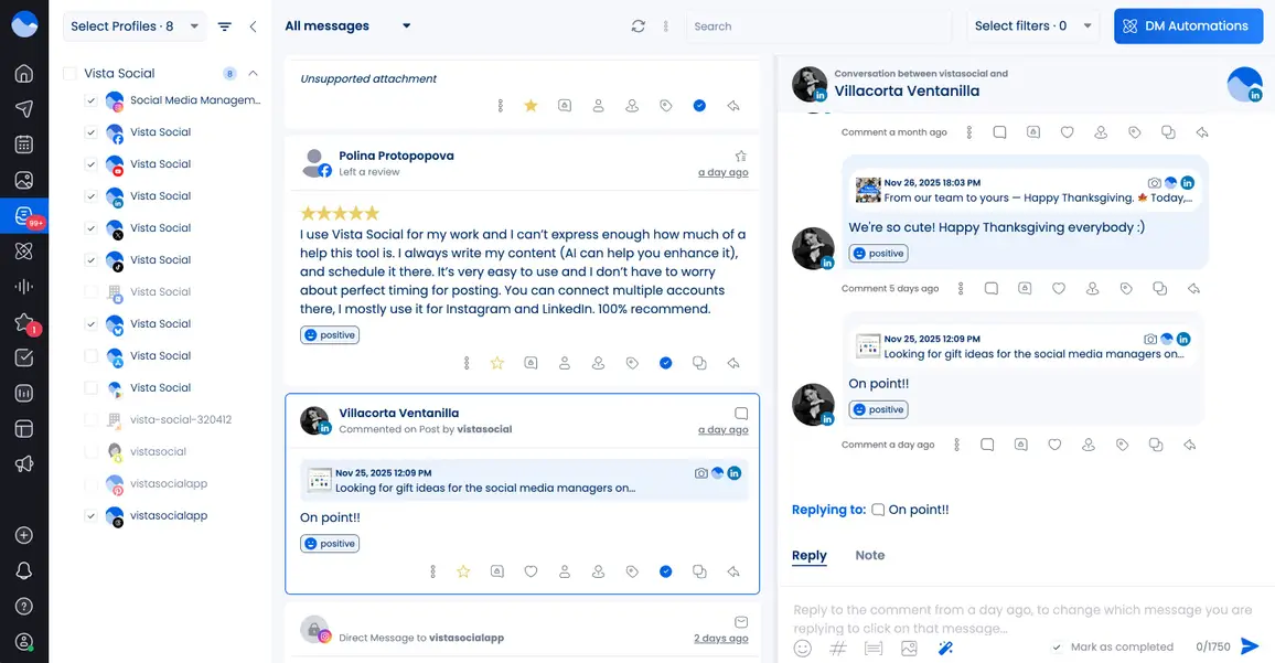 A screenshot of the Vista Social inbox with the AI Assistant icon showing in the response area.