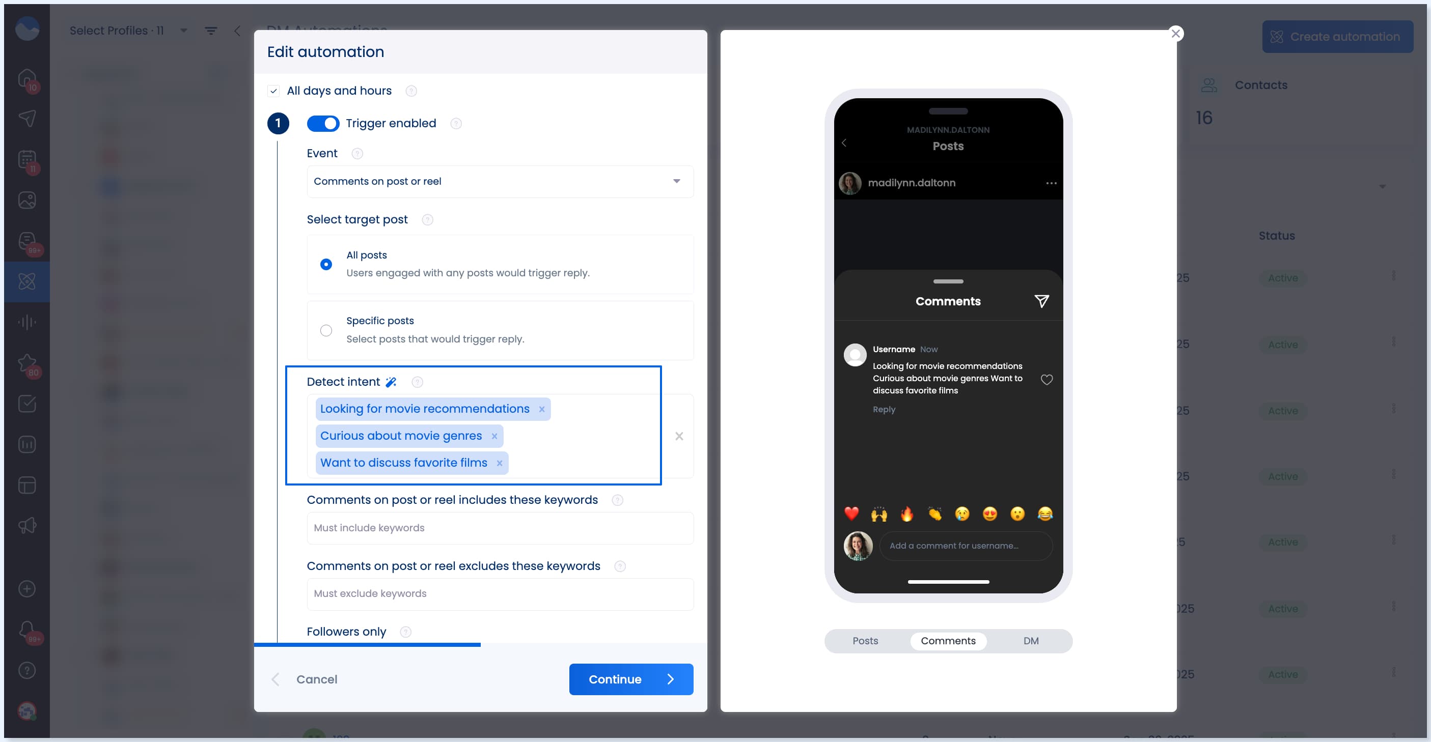 A screenshot of Vista Social's AI Intent feature in the DM Automation section.