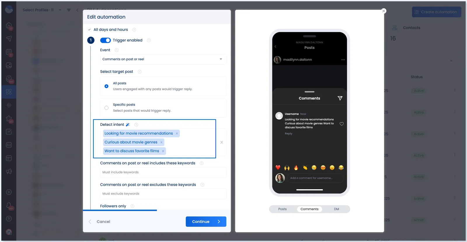 A screenshot of Vista Social's AI Intent feature in the DM Automation section.