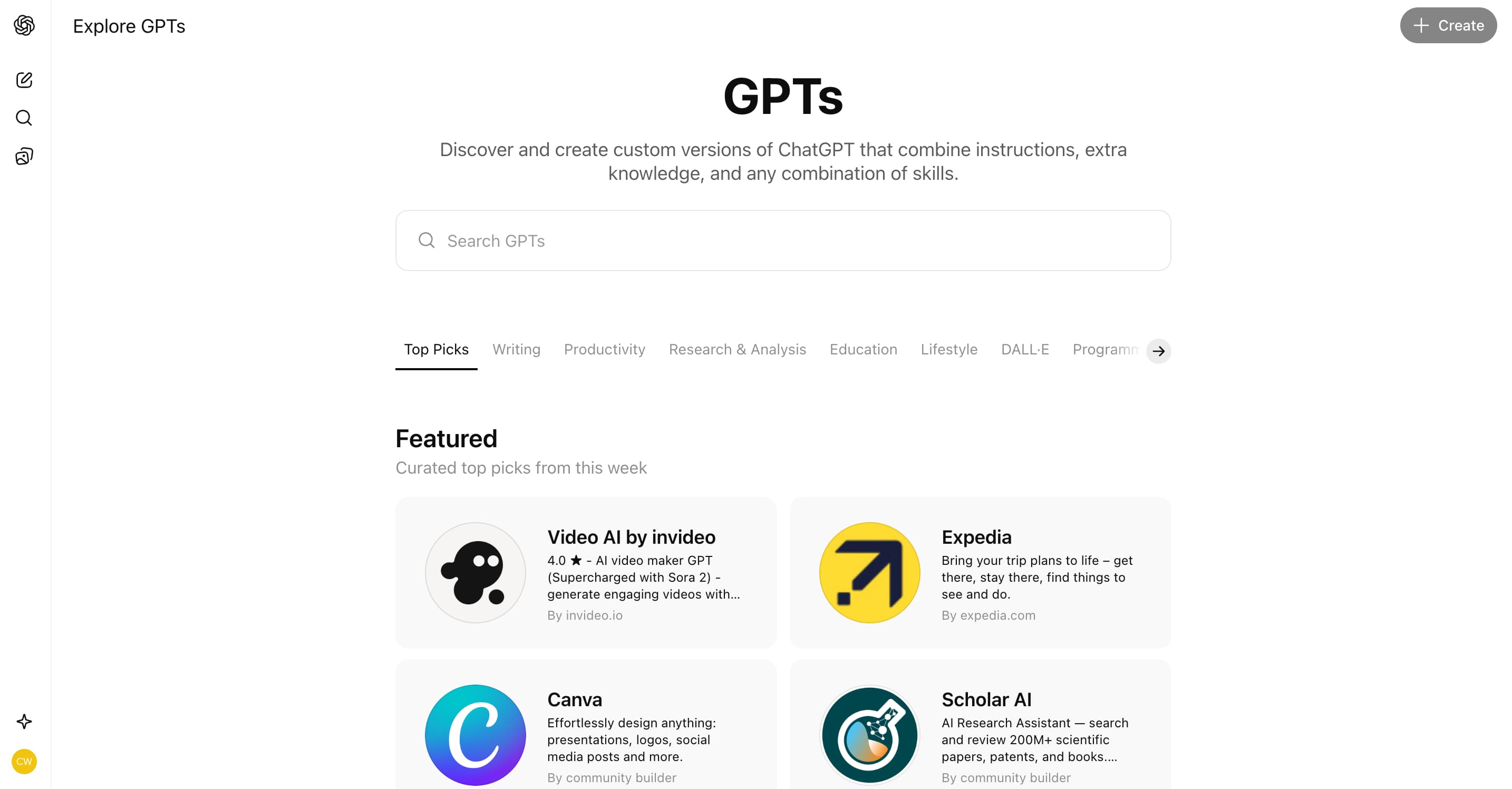A screenshot of the GPTs explore page in ChatGPT.