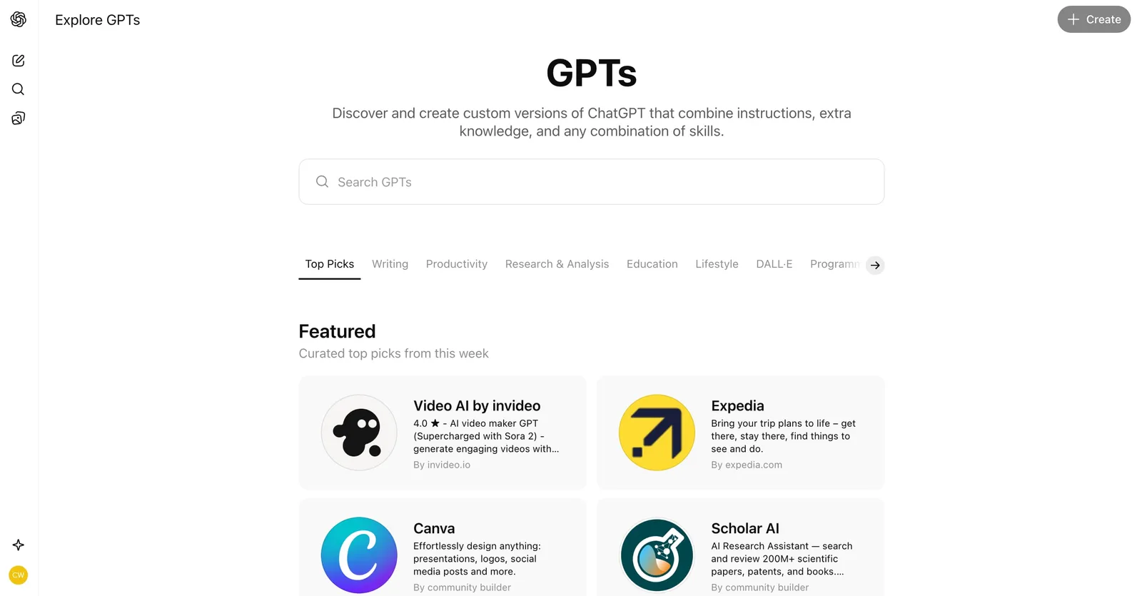A screenshot of the GPTs explore page in ChatGPT.