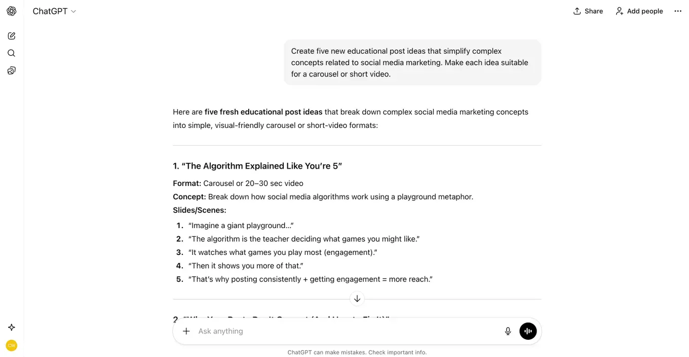 A screenshot of a prompt asking for five educational post ideas in ChatGPT.