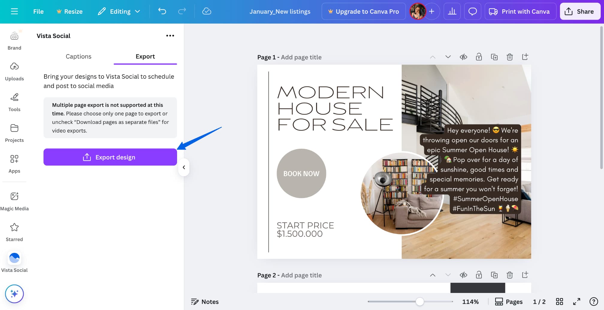 A screenshot showing how to export a Canva design to Vista Social for fast and easy scheduling.