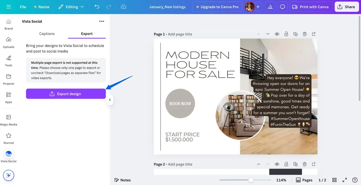 A screenshot showing how to export a Canva design to Vista Social for fast and easy scheduling.