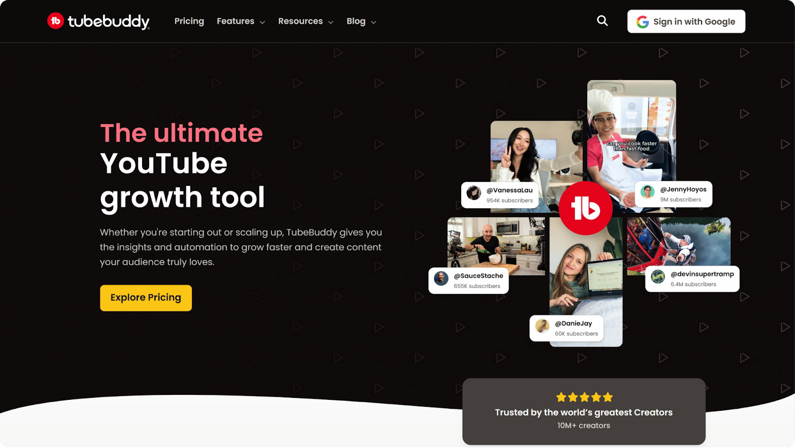 A screenshot of YouTube analytics tool TubeBuddy's website.