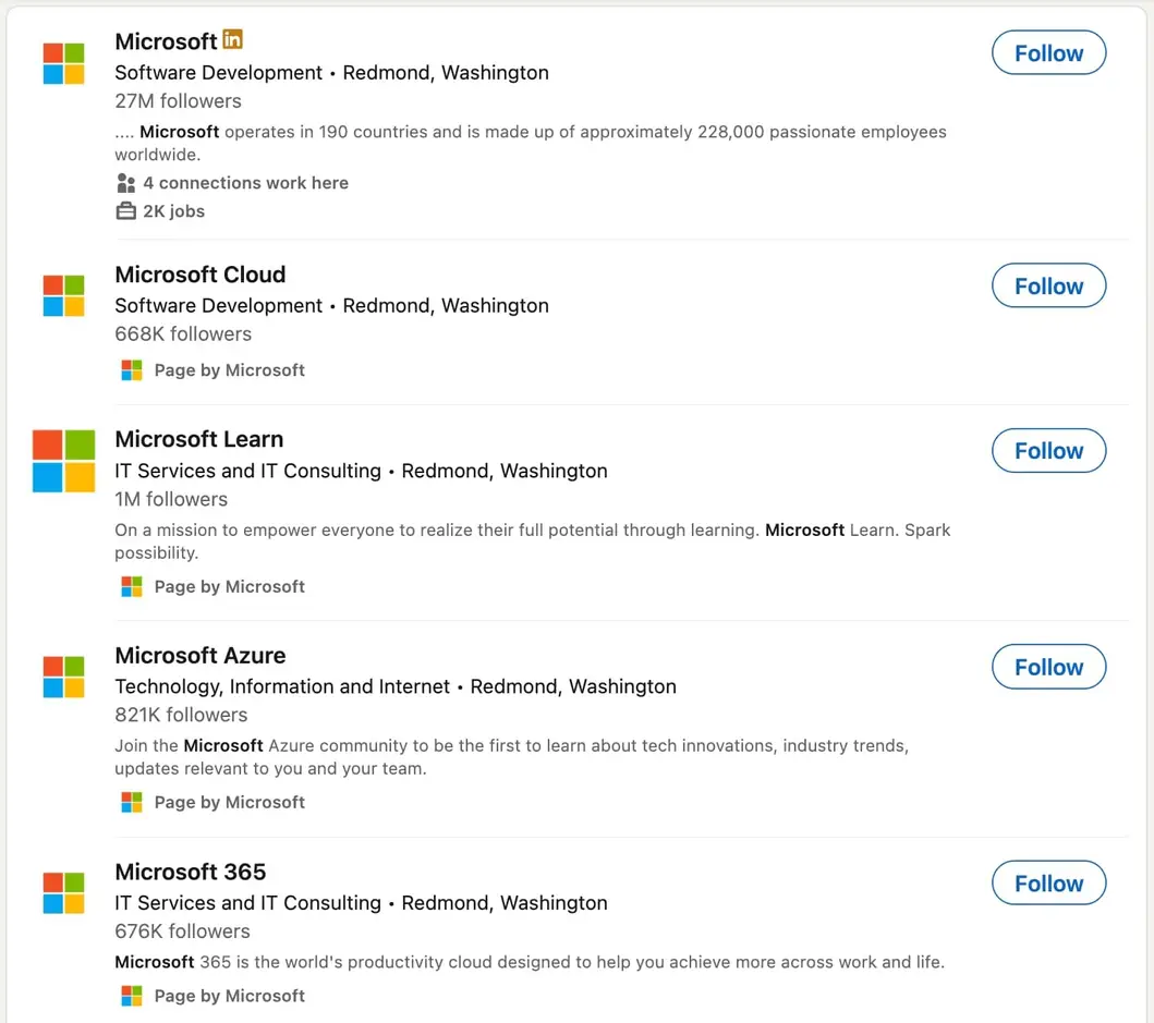 A screenshot of Microsoft's product subpages on LinkedIn.