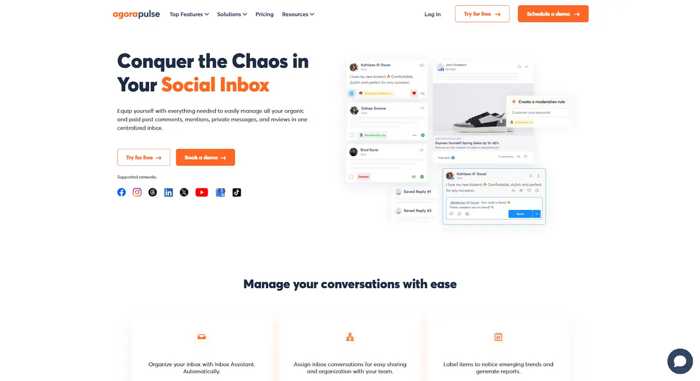 Agorapulse's social inbox landing page.