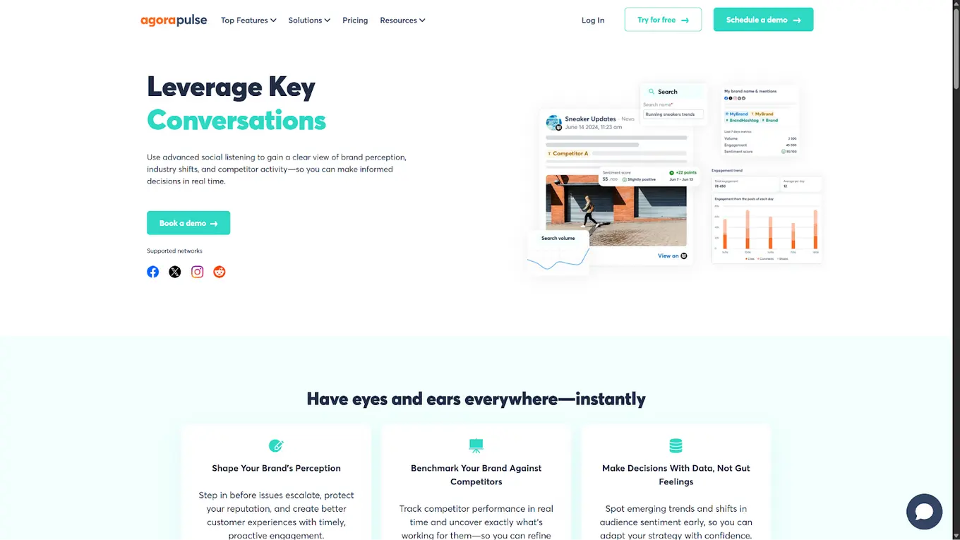 Agorapulse's social listening landing page.