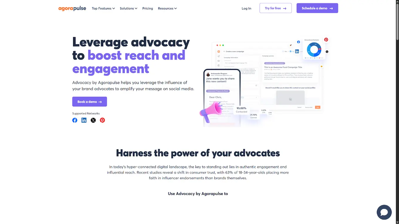 Agorapulse's employee advocacy landing page.