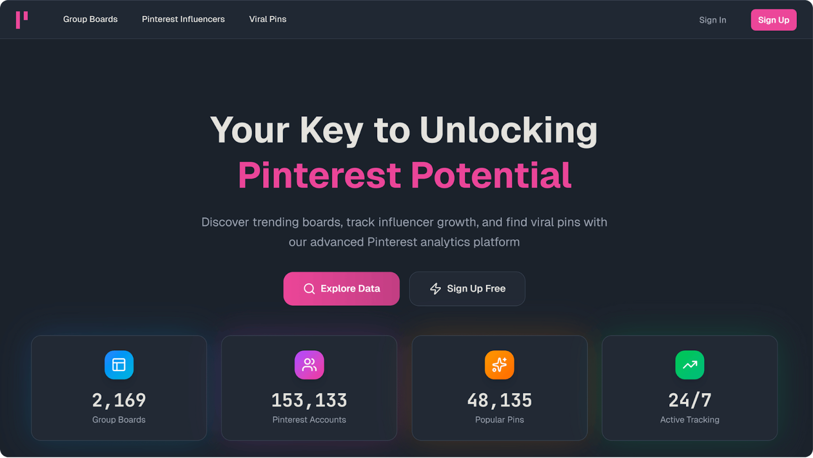 A screenshot of Pinterest analytics tool Pingroupie's website.