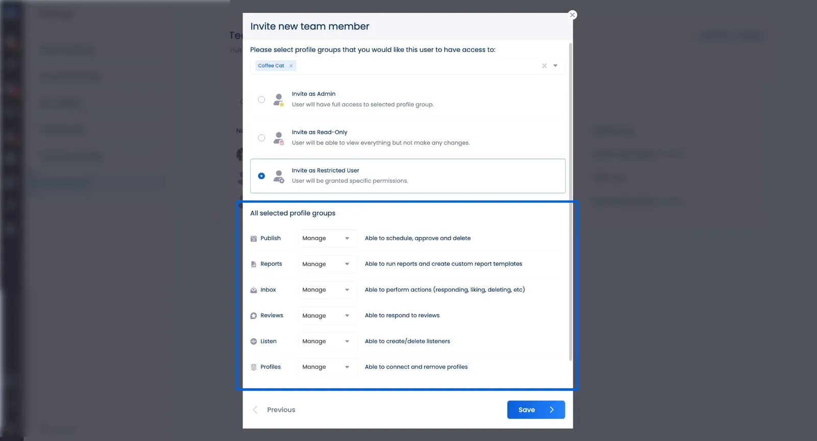 A screenshot showcasing team member settings and the access they can be given in different profile groups.