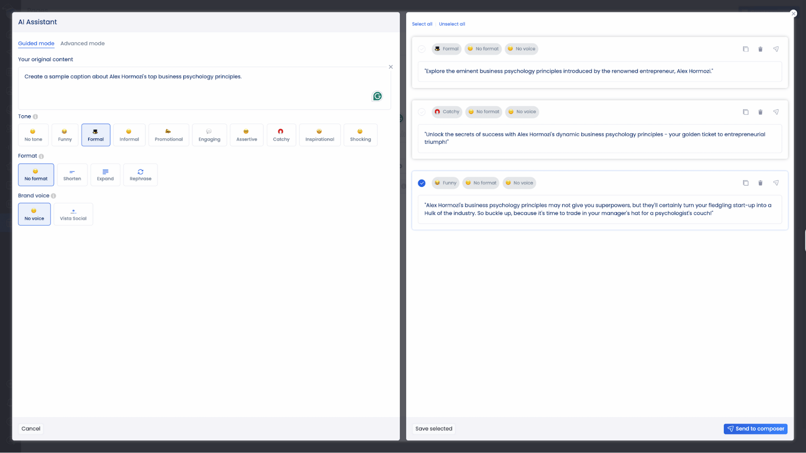 A screenshot of Vista Social's AI assistant.